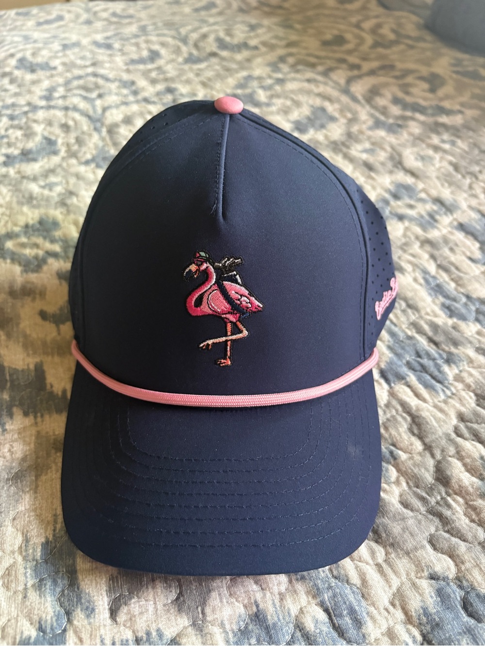 Birdie Boss Navy Baseball Cap with Pink Flamingo Embroidery